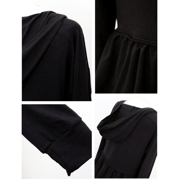 Black Hooded Babydoll Peplum Pullover Cotton Top - Picture 6 of 8